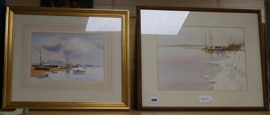 John Lawrence, 2 watercolours, Yachts at low tide, signed in pencil, largest 25 x 35cm